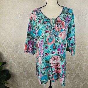Island Expression Size S/M Cotton Floral Print Tunic Beaded Sequin 3/4 Sleeves
